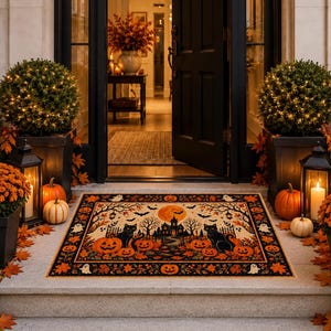 ハロウィンドアマット、黒猫かぼちゃラグ、お化け屋敷玄関マット、秋のハロウィン装飾、不気味な屋外ラグ、秋のドアマット