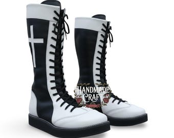 Czarno-białe skórzane buty z krzyżem | Gotyckie buty bojowe Alt | Ręcznie robione obuwie cosplay