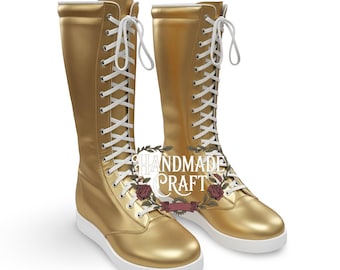 Metaliczne złote skórzane buty zapaśnicze | Ręcznie robione, wysokie, sznurowane trampki festiwalowe do występów i cosplayu