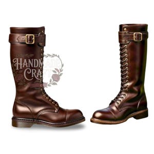 May include: A pair of dark brown leather knee-high boots featuring a lace-up front with metal eyelets, a rounded toe, and a top strap with a gold-toned metal buckle. The boots have a smooth finish and a low heel with a visible stitched sole edge.