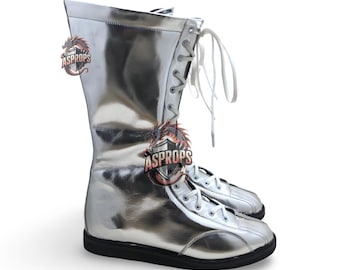 Metallic Silver Quicksilver Cosplay Boots | Shiny Chrome Superhero Shoes for Halloween, Pro Wrestling, Cyberpunk