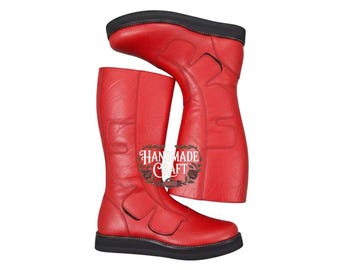 Czerwone, ręcznie robione skórzane buty zapaśnicze – wysokie obuwie cosplayowe, buty unisex na zamówienie