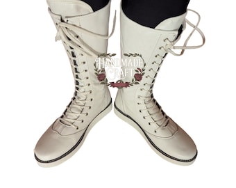 Botas blancas de cuero para lucha libre profesional / Botas altas de estilo festivalero con cordones, hechas a mano.