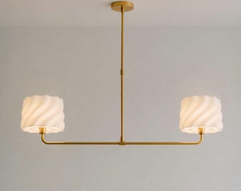 Modern Brass Linear Chandelier, 3D Spiral Shades, Minimalist Gold Pendant Light