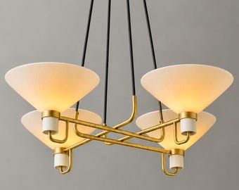 Nowoczesny żyrandol mosiężny, lampa wisząca z 4 kloszami, lampa stołowa w stylu skandynawskim z połowy XX wieku