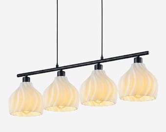 Lámpara colgante lineal de 4 luces con pantalla de cristal ondulado impresa en 3D.