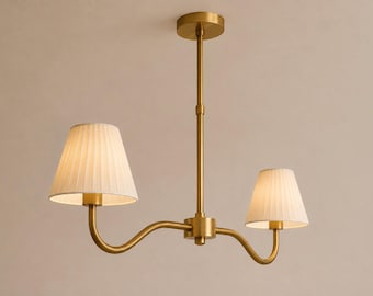 Lampadario in ottone realizzato a mano, paralumi in tessuto plissettato, apparecchio moderno a 2 luci.