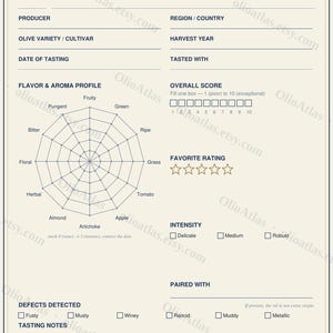 Puede incluir: Tabla de cata de aceite de oliva de color crema con campos para el nombre del aceite, el productor y el perfil de sabor. Incluye un gráfico de radar de perfil de sabor y aroma y una sección para la puntuación general y la calificación favorita.