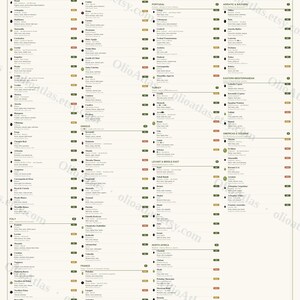 May include: A comprehensive chart titled "Olives of the World" lists 124 cultivars grouped by region, oil, table, and dual-purpose. The chart is beige with black text and includes the Etsy shop name and URL.