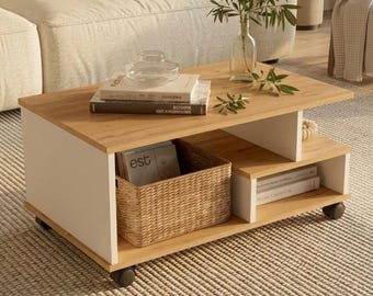 Rolling Coffee Table with Storage & Shelves, Modern Center Table, Scandinavian Living Room Furniture, Mobile Sofa Table