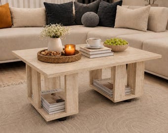 Travertin & Kiefer Couchtisch mit Aufbewahrungsregal, moderner Wohnzimmertisch, Rolling Center Table, Minimalistischer Couchtisch 90 x 55 cm
