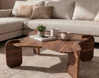 Mesa de centro moderna, mesa minimalista em nogueira, decoração escandinava para sala de estar, mesa de centro curvada em madeira, fácil de montar.