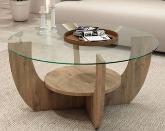 Travertine Look Round Glass Coffee Table, 2 Tier Modern Center Table with Storage Shelf, Minimalist Luxury Living Room Decor