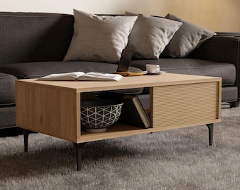 Mesa de centro moderna con almacenamiento, mesa de centro de mediados de siglo para sala de estar, mesa de centro de madera, decoración rústica para el hogar, mesa de cóctel rectangular