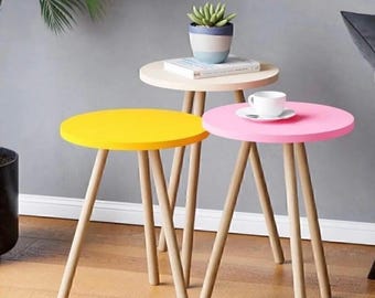 Juego de 3 mesas nido redondas en tonos pastel, mesas auxiliares redondas, mesa de centro de estilo escandinavo, muebles para salas de estar pequeñas.