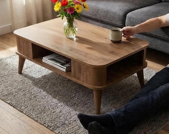 Mesa de centro ovalada moderna con estante de almacenamiento, mesa de salón de estilo de mediados de siglo, mesa de centro de madera escandinava, muebles para espacios pequeños