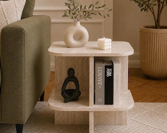 Mesa lateral moderna com prateleira, mesa de cabeceira minimalista, mesa de apoio oval, mesa de centro pequena, móveis de sala de estar Japandi