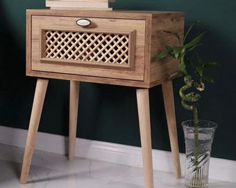 Mesita de noche retro de madera con cajón de almacenamiento, mesita de noche plegable, mueble para espacios pequeños, mesa auxiliar de estilo moderno de mediados de siglo.