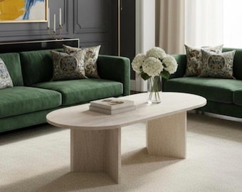 Mesa de centro ovalada de travertino, mesa auxiliar moderna y minimalista para sala de estar, mueble duradero hecho a mano, estilo contemporáneo.