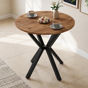 Mesa de comedor redonda de 70 pulgadas, mesa de cocina moderna, mesa para espacios pequeños, mesa de café, mesa de balcón, aspecto de madera, patas de metal,