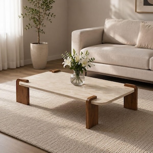 Modern Travertine Coffee Table, Rectangle Walnut Leg Center Table, Minimalist Luxury Living Room Furniture Decor