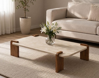 Modern Travertine Coffee Table, Rectangle Walnut Leg Center Table, Minimalist Luxury Living Room Furniture Decor