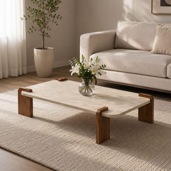 Table basse moderne en travertin, centre de table rectangulaire en noyer, décoration minimaliste de meubles de salon de luxe