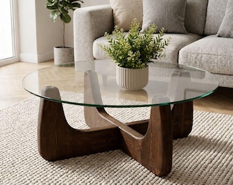 Round Glass Coffee Table 80x80 cm, Walnut or Natural Wood Base, Modern Organic Living Room Table, Tempered Glass Center Table