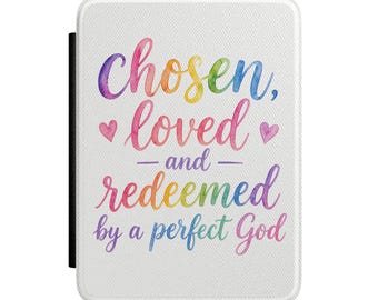 Funda para Kindle con la inscripción "Elegidos, amados y redimidos por un Dios perfecto" / Portada con versículos bíblicos cristianos