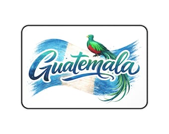 Alfombrilla de escritorio con diseño de bandera y quetzal resplandeciente de Guatemala / Diseño de pinceladas