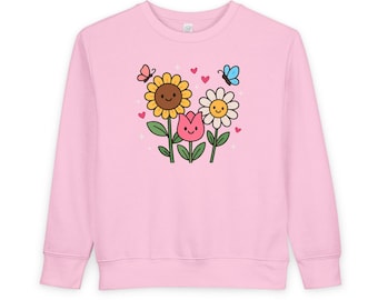 Toddler Sweatshirt | Smiling Sunflower, Tulip, Daisy Flowers, Butterflies, Hearts