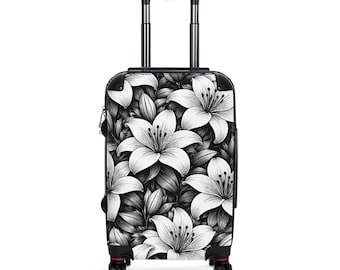 Monochrome Lily Pattern Suitcase | Black White Floral Luggage