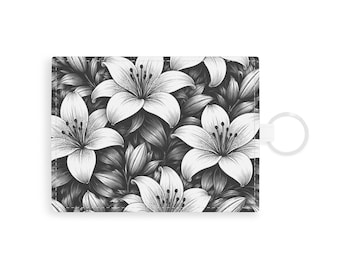 Monochrome Lily Floral Saffiano Leather Card Holder | Black White Flower Pattern
