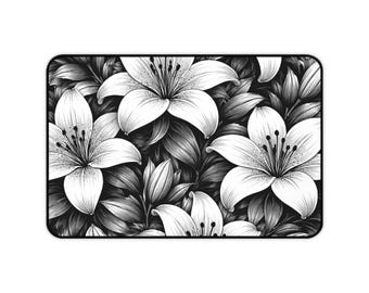 Alfombrilla de escritorio floral de lirios monocromática / Alfombrilla de ratón botánica en blanco y negro