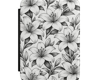 Funda para Kindle con estampado floral de lirios en blanco y negro / Funda con diseño botánico de flores