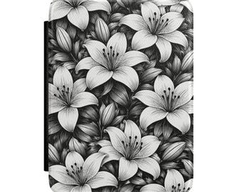 Custodia per Kindle con motivo di gigli in bianco e nero / Cover floreale per e-reader