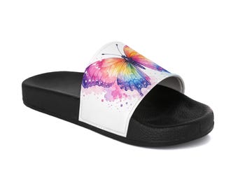 Aquarell Regenbogen Schmetterling Slide Sandalen | Butterfly Slides, Sommer-Strand-Schuhe