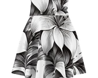 Falda skater con estampado floral de lirios blancos y negros / Estampado botánico monocromático