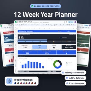 12 Week Year Planner Google Sheets | Weekly Execution Score, Goal Tracker and Tactics Spreadsheet, 12 Week Goal Template