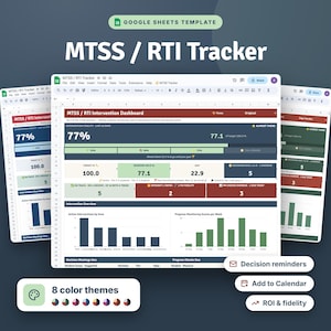 May include: A Google Sheets template for an MTSS/RTI tracker featuring an intervention dashboard with data visualization charts, progress monitoring scores, and decision meeting tables. Includes 8 color themes and reminders.