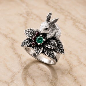 Rabbit Emerald Ring, Sterling Silver Bunny Ring, Yellow & Rose Gold Plated Ring, Cottagecore Woodland Jewelry, Gothic Nature Gift for Her