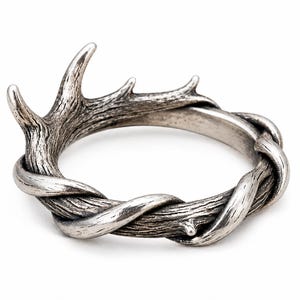 Sterling Silver Antler Ring, Woodland Nature Ring, Rustic Deer Antler Band, Boho Forest Jewelry, Gift for Her