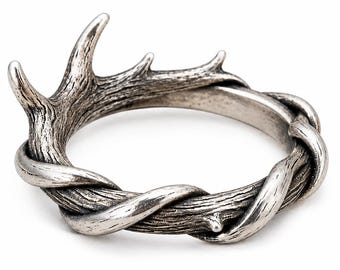 Sterling Silver Antler Ring, Woodland Nature Ring, Rustic Deer Antler Band, Boho Forest Jewelry, Gift for Her