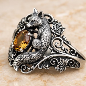 Fox Citrine 925 Sterling Silver Ring, Yellow & Rose Gold Plated Ring, Woodland Statement Ring, Nature Inspired Animal Jewelry Gift for Her