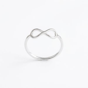May include: A polished silver ring featuring a central infinity symbol design. The band is thin and circular, with the infinity loop integrated into the top section. The metal has a smooth, reflective finish throughout the entire piece.