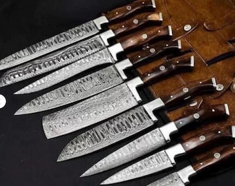 Set da chef in Damasco forgiato a mano / Coltelli da cucina personalizzati / Regalo per lui / Regalo per lei / Regalo per lo sposo / Regalo per anniversario e matrimonio
