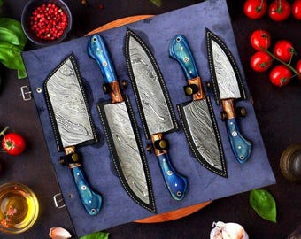 Handmade 5pcs Damascus Steel Chef Knife Set | Blue Pakkawood Handle | Hand Forged Kitchen Knives | Luxury Anniversary & Wedding Gift for Him