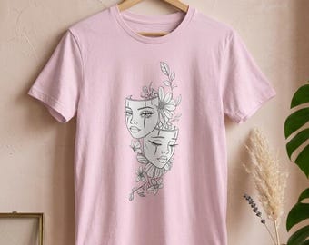T-shirt à motif floral recto-verso | T-shirt minimaliste avec portrait botanique
