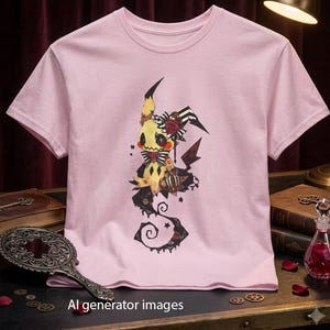 Può includere: Una t-shirt a maniche corte color rosa chiaro con una grafica centrale raffigurante una creatura gialla con dettagli a righe bianche e nere, rose rosse e un design a coda scura a spirale. La maglia presenta un girocollo e un tessuto liscio.