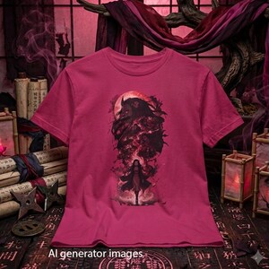 Può includere: Una t-shirt a maniche corte color magenta con una stampa grafica centrale che raffigura una figura scura e cornuta che sovrasta un personaggio più piccolo, circondato da energia rossa vorticosa e una grande luna rossa stilizzata.